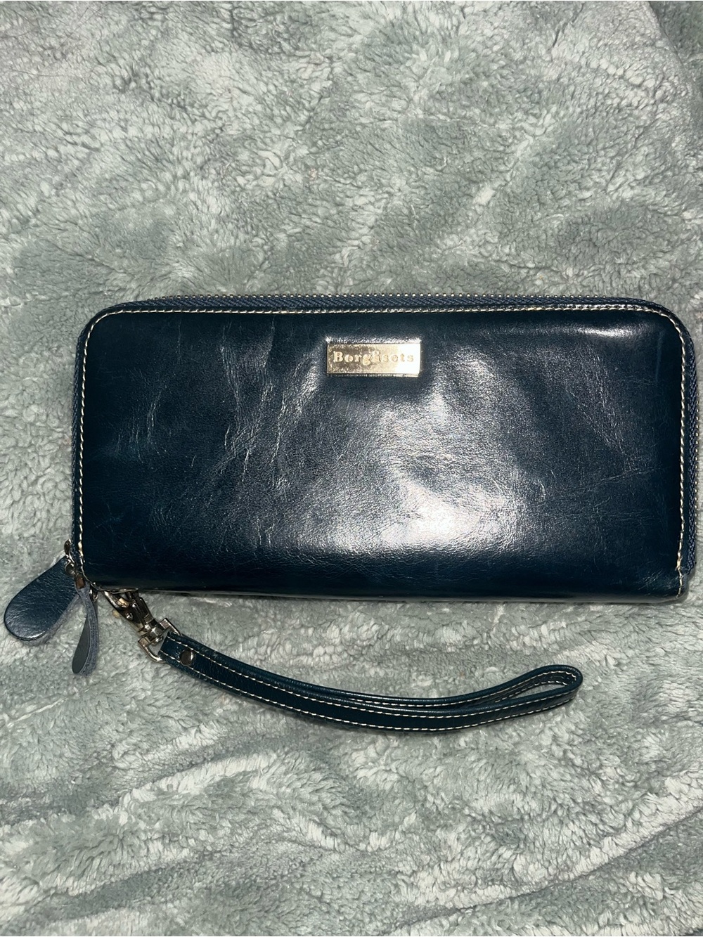Borgasets Dark Blue Soft Blue Genuine Leather Double Zip-Around Wallet